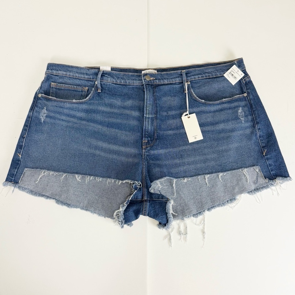 Good American Jean Shorts Good 90s Distressed Frayed Womens 24 Plus Blue NWT